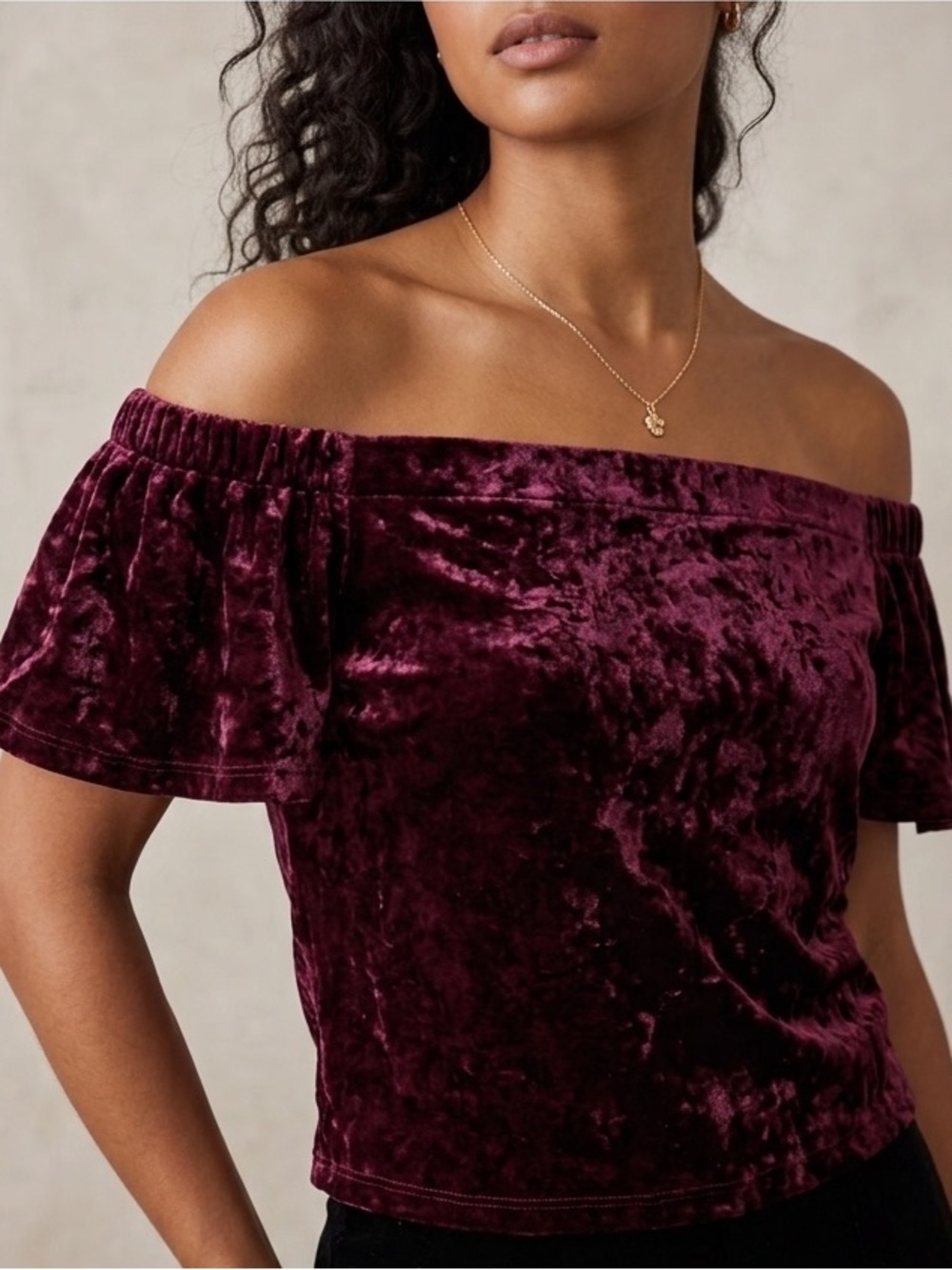 Lulus Ritual burgundy cropped velvet off the shoulder top shirt blouse